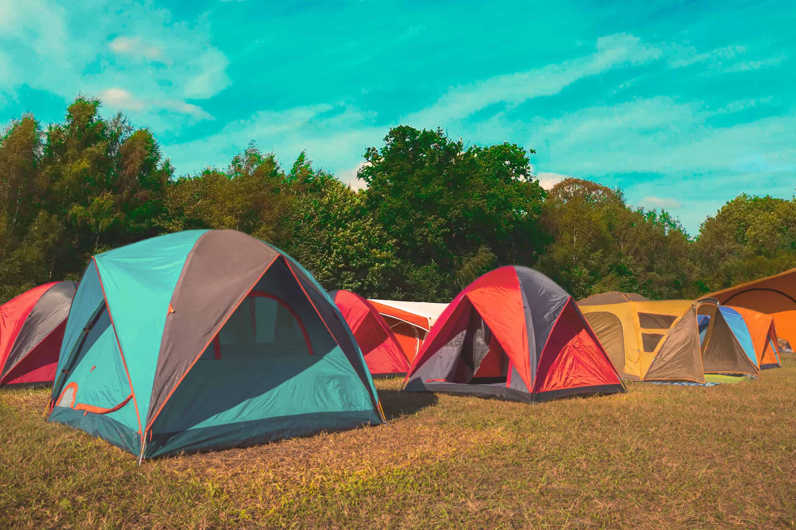 A series of different coloured tents pitched in a field.