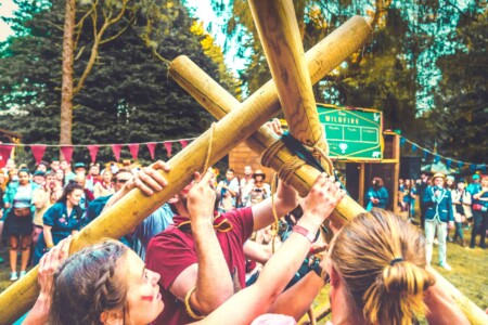 Close up of one of the patrol games at Camp Wildfire. A summer weekend break in a forest near London and Kent. An outdoor woodland retreat featuring adventure activities, live music, DJs, parties and camping. Half summer adventure activity camp, half music festival, for adults only.