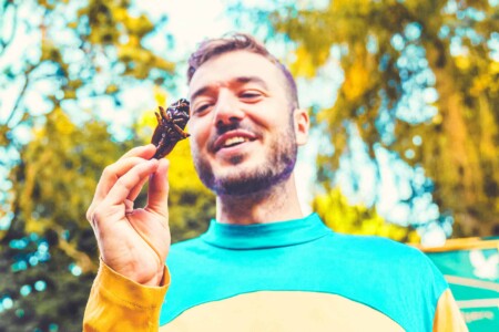 Man holding a bug from the bushtucker trail at Camp Wildfire. A summer weekend break in a forest near London and Kent. An outdoor woodland retreat featuring adventure activities, live music, DJs, parties and camping. Half summer adventure activity camp, half music festival, for adults only.